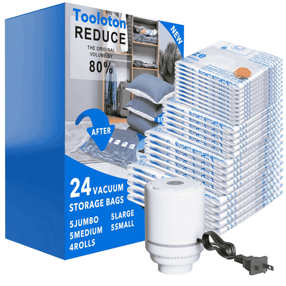 Tooloton Vacuum Storage Bags with Electric Pump, 24 Pack, Includes Jumbo, Large, Medium, Small, Roll-Up Bags