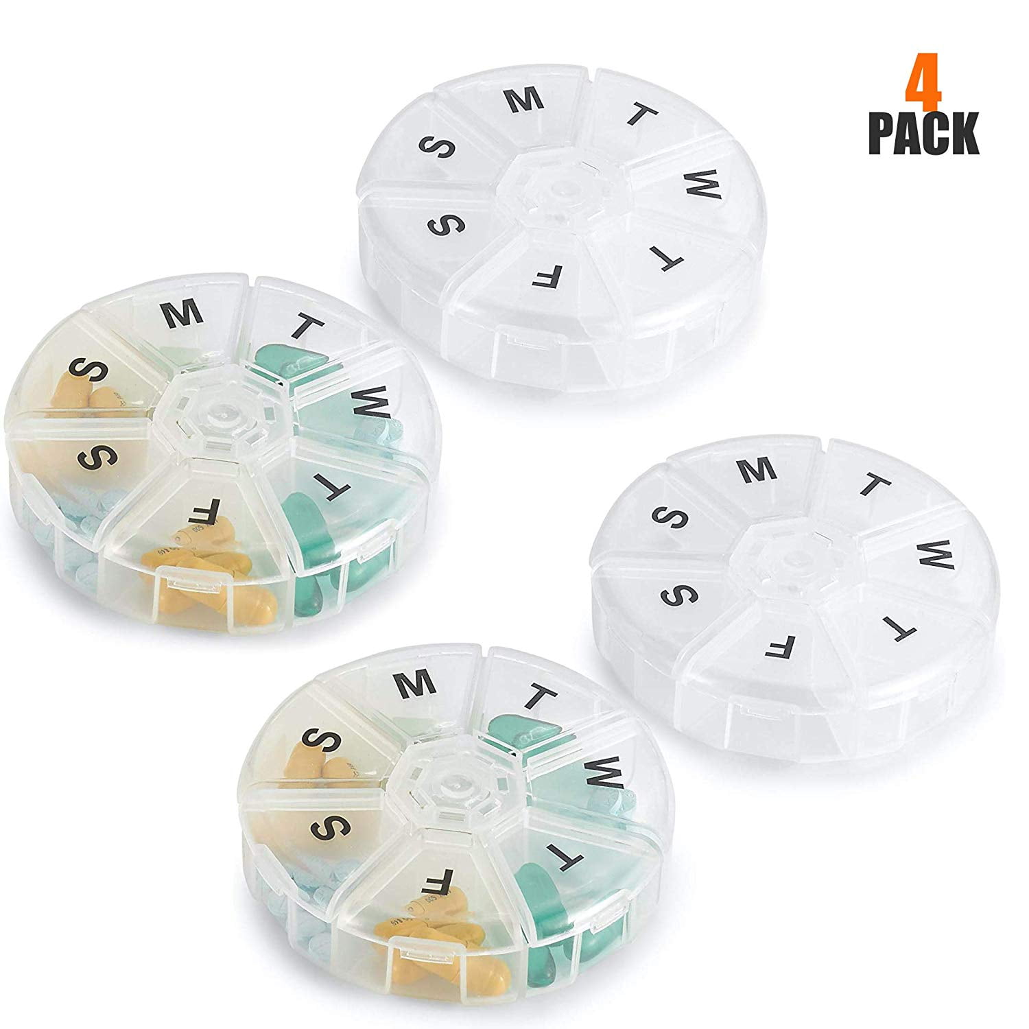 Large Weekly Pill Organizer (Pack of 4) Daily Pill Cases, Round Pill