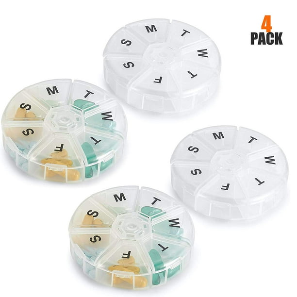 Large Weekly Pill Organizer (Pack of 4) Daily Pill Cases, Round Pill
