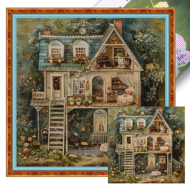 Kit Punto Cruz Con Casa Hilo Algodón Ecológico Bordado 14CT 50x50cm