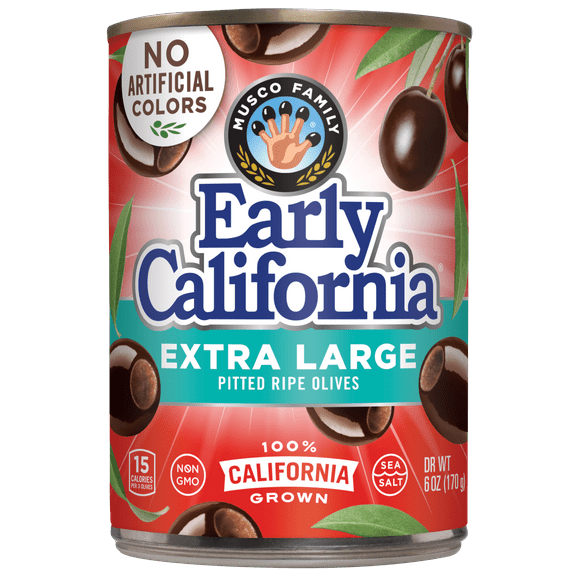 Early California Extra Large Pitted Ripe Olives 6 oz. Can, No Artificial Colors, Allergen-Free