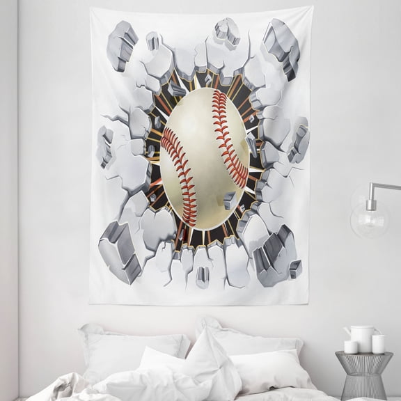 Sports Tapestry, Baseball and Old Plaster Concrete Wall Damage Illustration Competition, Wall Hanging for Bedroom Living Room Dorm Decor, 60W X 80L Inches, Ivory Pale Grey Orange, by Ambesonne