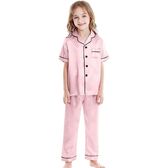 LYHaoo Girls Outfit Sets 6-7 Years,Unisex Satin Pajamas Set Boys Girls Silk Pj's Short Sleeve 2 Piece Sleepwear Long Pants Button Down Kids Nightwear