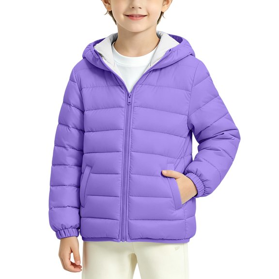 CPNG Girls and Boys Hooded Lightweight Puffer Jacket Solid Color Zip Up Long Sleeve Padded Coat Winter Casual Quilted Outerwear