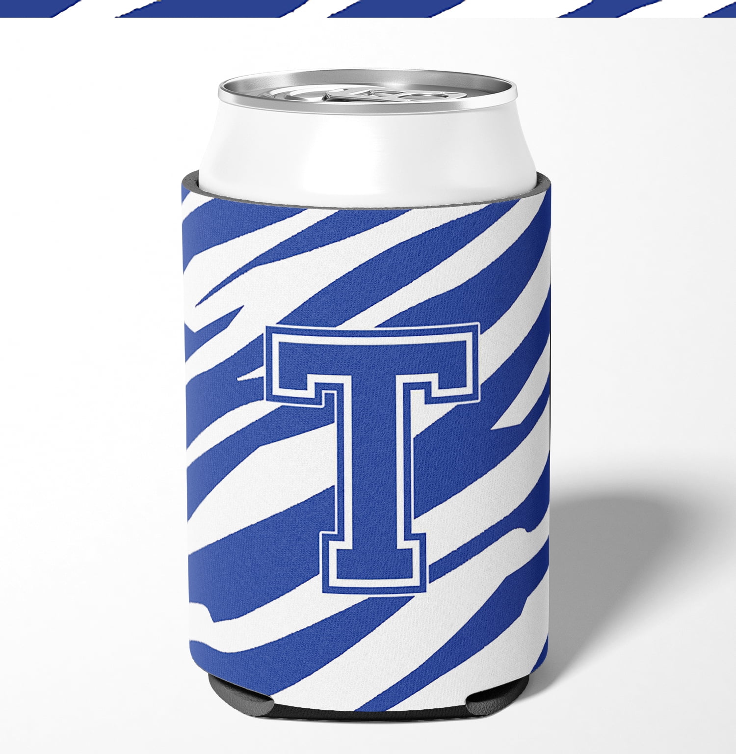 Letter T Initial Tiger Stripe Blue and White Can or Bottle Hugger