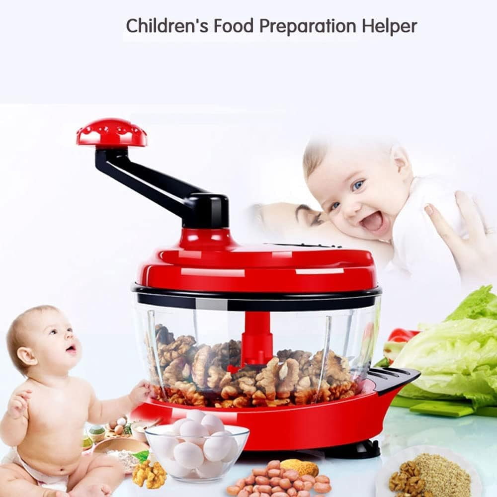 OhhGo Multi-Functional Manual Food Processor, 8 Cup Hand-powered Crank Chopper, Homemade Mincer Blender with Clear Container, for Vegetables Meat Fruits Nuts Herbs Onions (With Base), Red