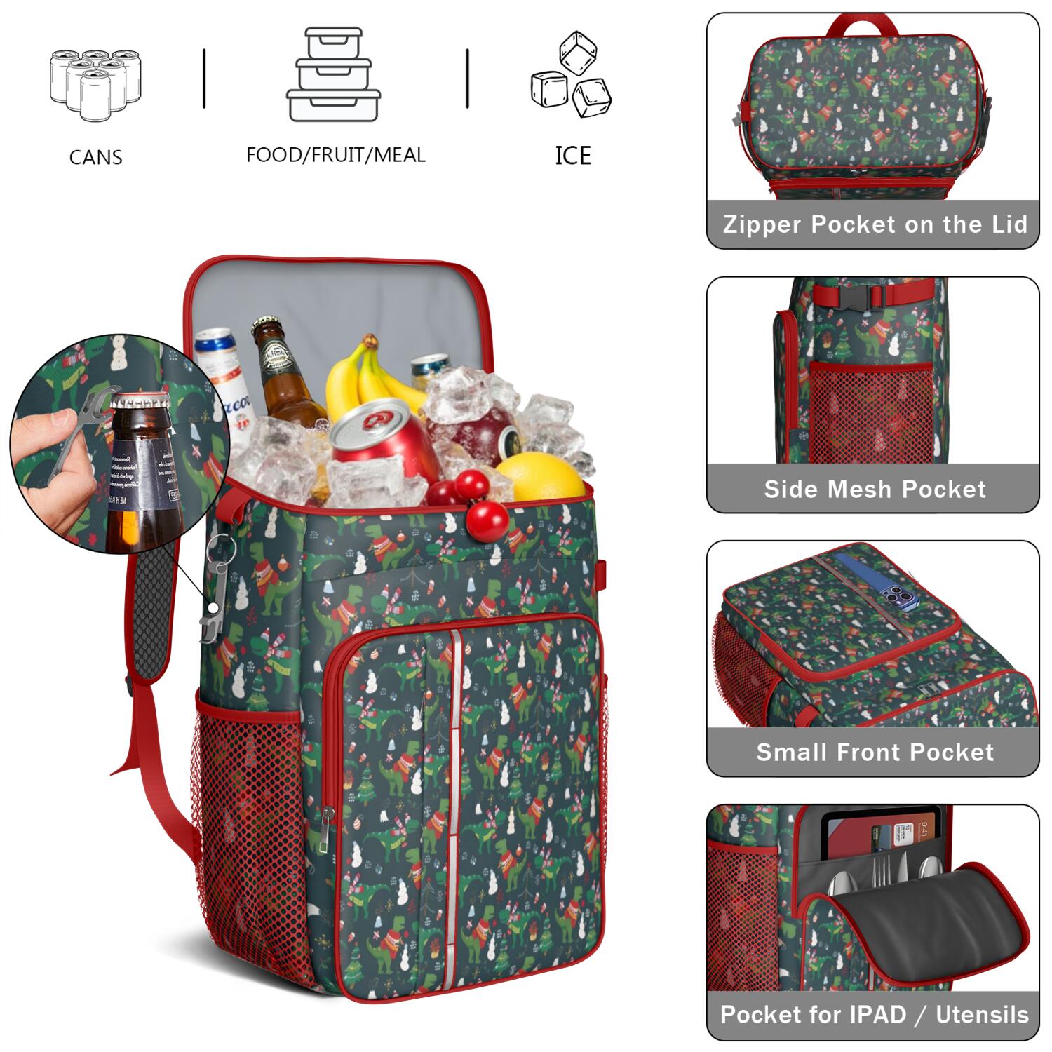 Travel Cooler Bag - Green Christmas Dinosaur and Snowman Pattern Camping Beer Cooler Backpack with Bottle Opener- Waterproof Insulated Picnic Backpacks - Cooler Bag for Beach