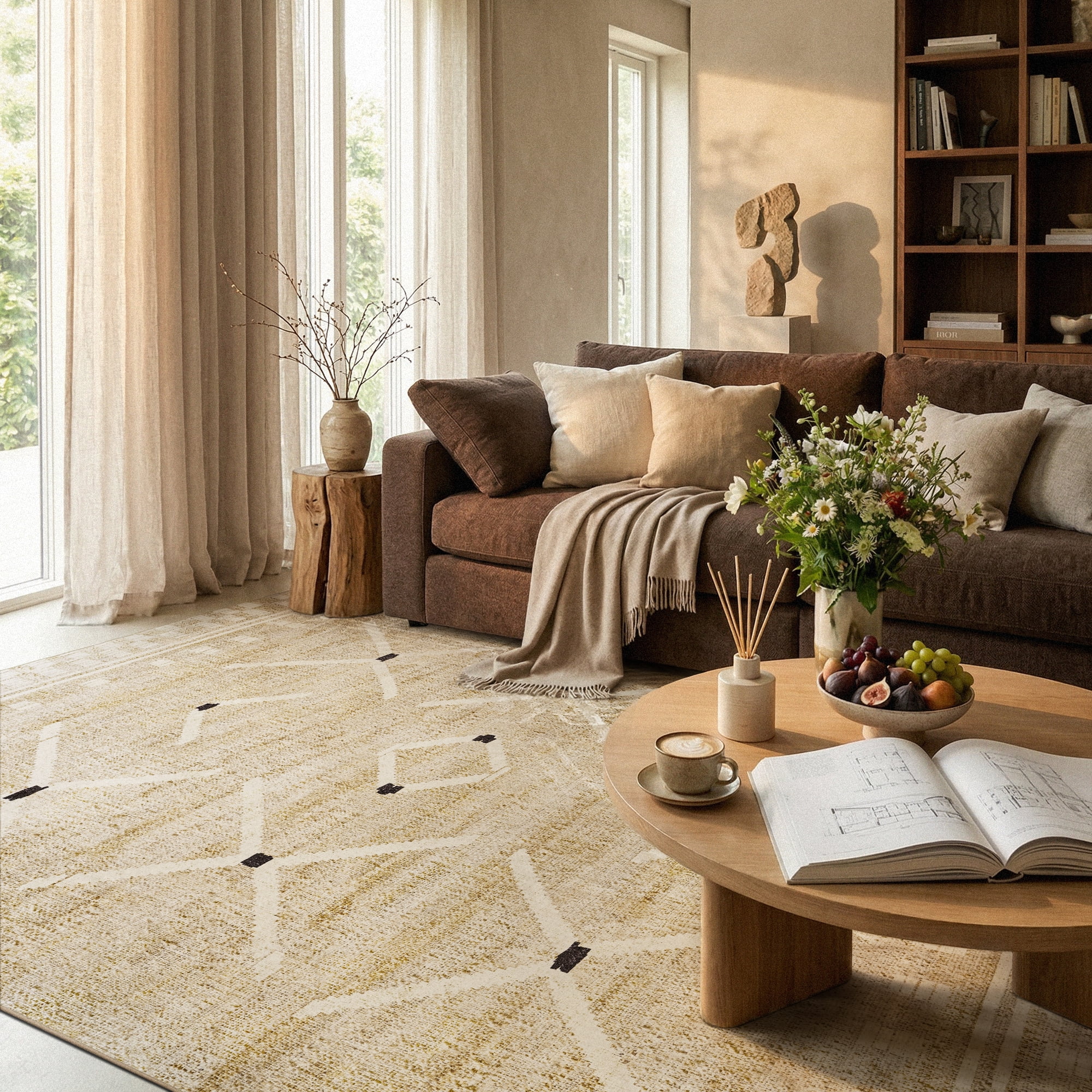 SIXHOME 8x10 Rugs for Living Room Washable Area Rug Non Slip Vintage Boho Geometric Tribal Farmhouse Carpet Low Pile Indoor Rug linen Beige