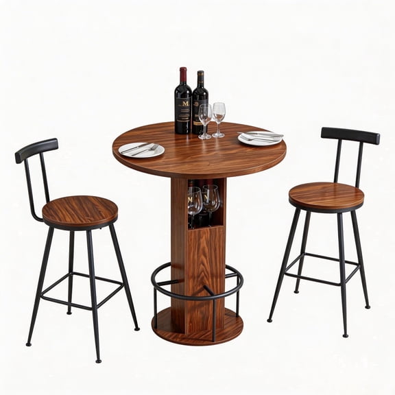 QuzyAor 3 Piece Round Counter Height Bar Table Set with 2 Stools, Built-in Wine Storage for Small Kitchen, Industrial Brown