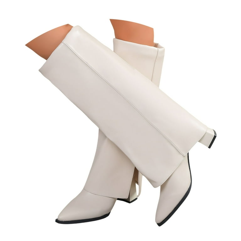 YAYUBA Knee High Boots Women Fold Over Knee High Boots Chunky High