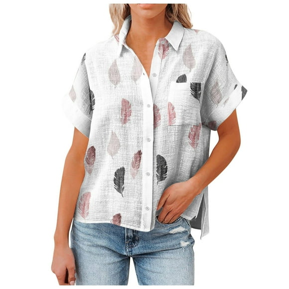 lcziwo Ladies Linen Shirts and Blouses,Linen Button Down Shirt Women Feather Print Short Sleeve Blouses V Neck Collared Button Up Summer Beach Tops White,XXL