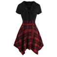 thumbnail image 1 of Fridja Women Sleeve Cold Shoulder Cross Up Plaid Print Irregular Dress, 1 of 6