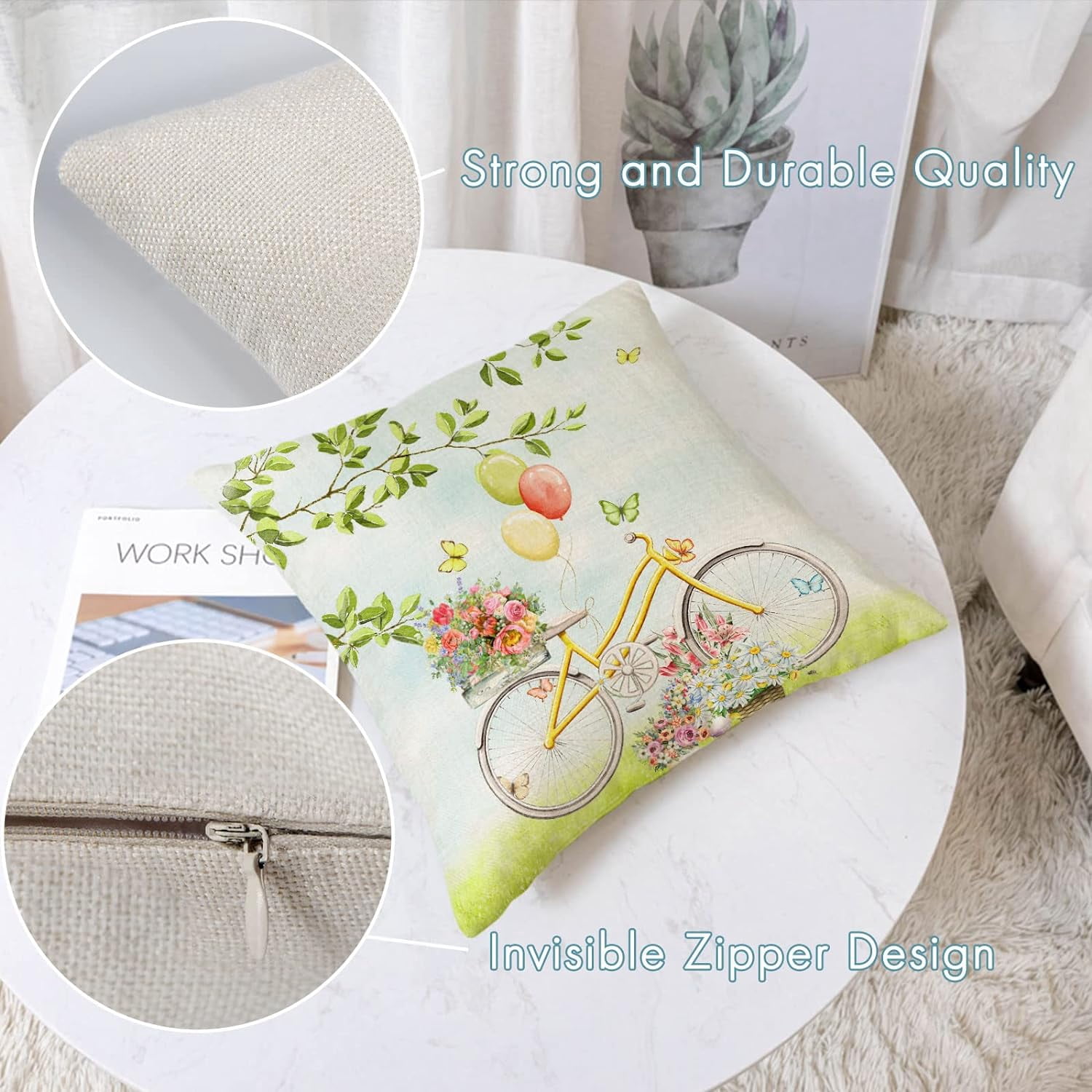 Spring Throw Pillow Covers 18x18 Set of 4 Floral Pillow Covers Spring Summer Decorative Pillow Covers Truck Biycle Flower Cushion Covers Pillow Cases for Home Outdoor Sofa Couch Decorations (18 inch)