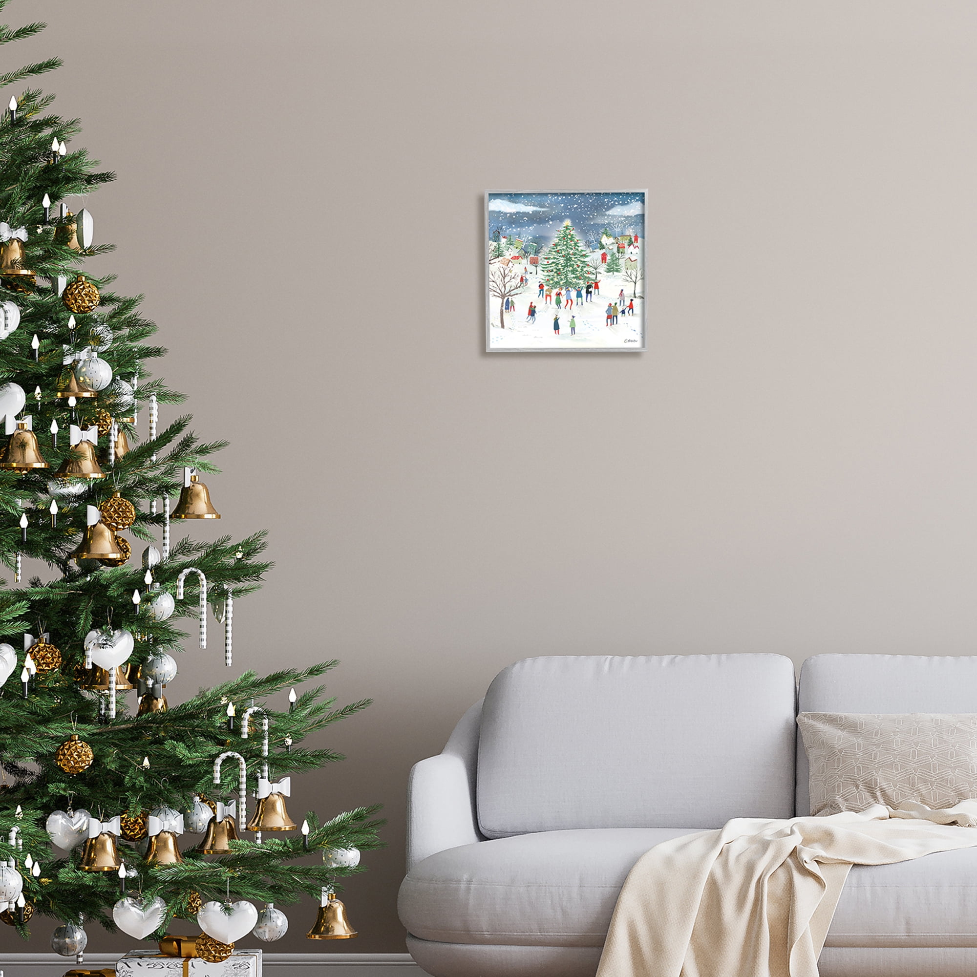 Stupell Industries Town Christmas Tree Celebration Holiday Painting Gray Framed Art Print Wall Art
