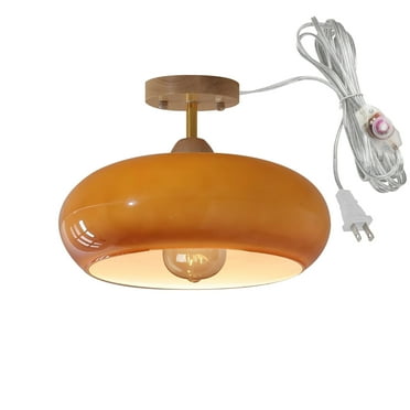 FSLiving Orange Smooth Hanging Light with 15ft Plug-in Cord Wood Decorative Plug In Ceiling Light Fixtures,Industrial Semi Flush Mount Dimmable Pendant Light for Bedroom Hallway - 1 Pack