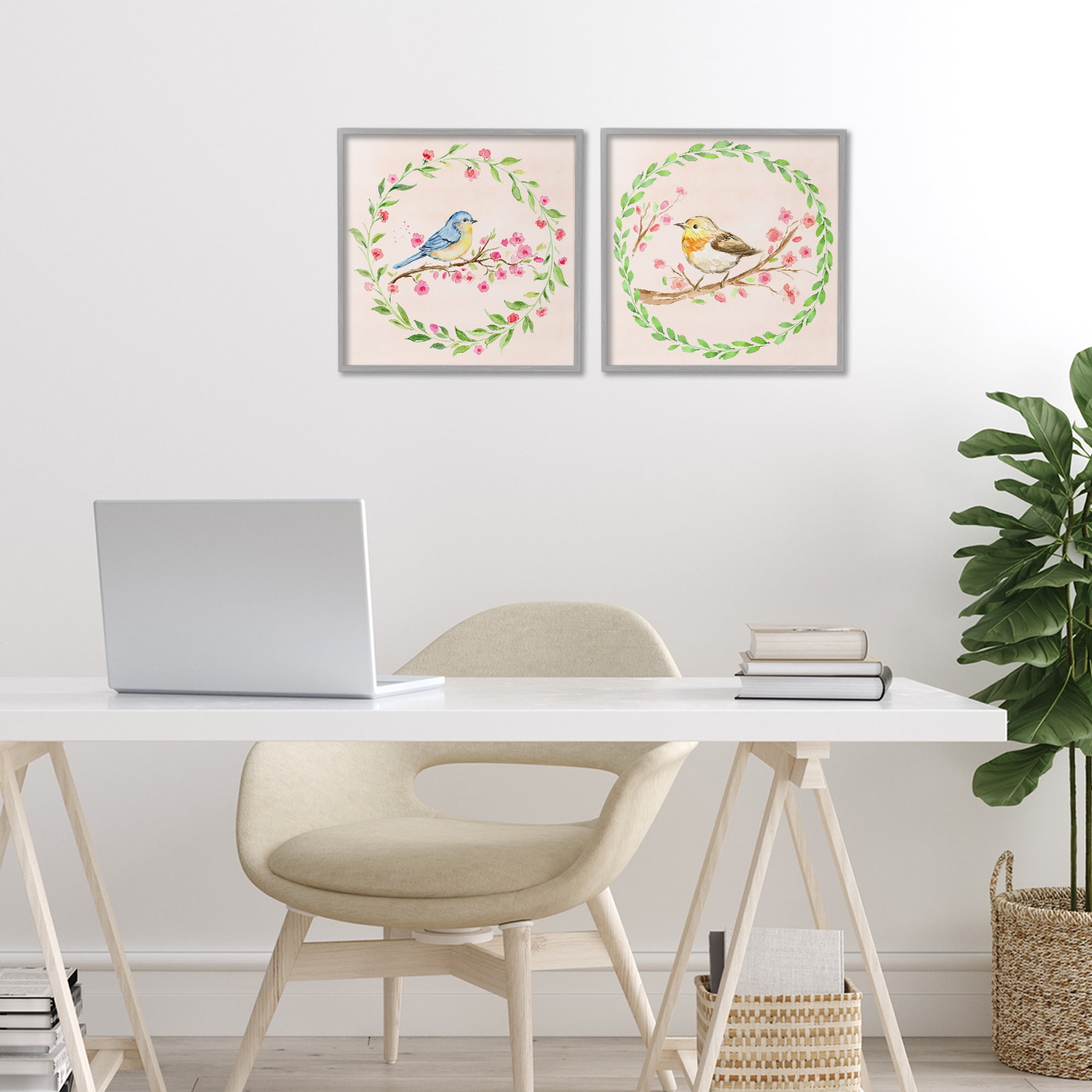 Spring Branches & Wreath Birds 2 Piece Gray Framed Giclee Art Set, design by Elena Fay