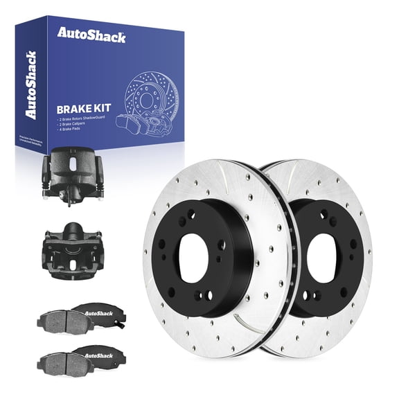 AutoShack Front Vented Drilled & Slotted E-Coated Brake Rotors   Ceramic Pads   Calipers Black 8-PC Brake Kit Replacement for 2006-2011 Honda Civic ShadowGuard 10.31" (261.9 mm)