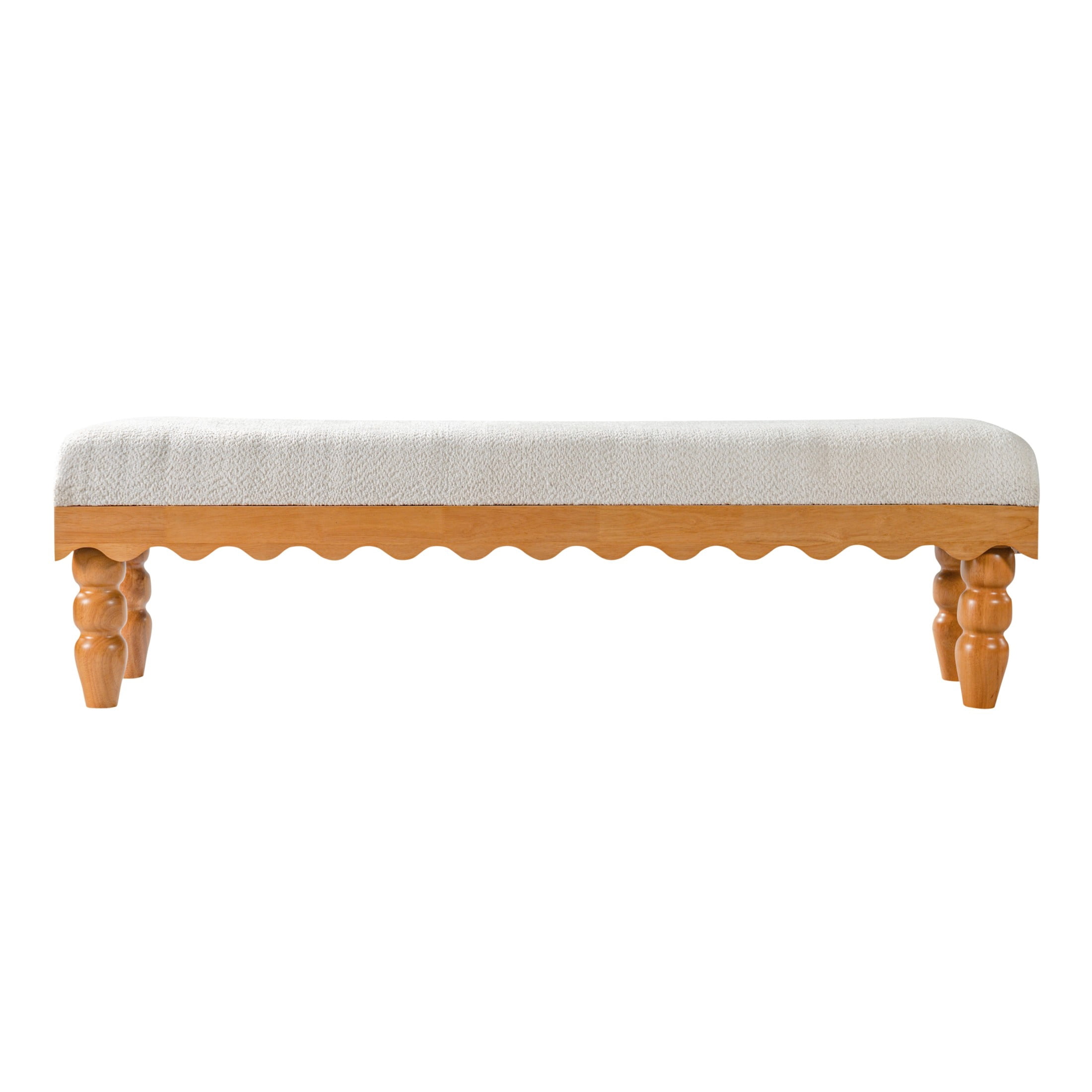 Christopher Knight Home Vintage Boucle Fabric Bench, Wave Trim Ottoman with Solid Wood Legs, Beige