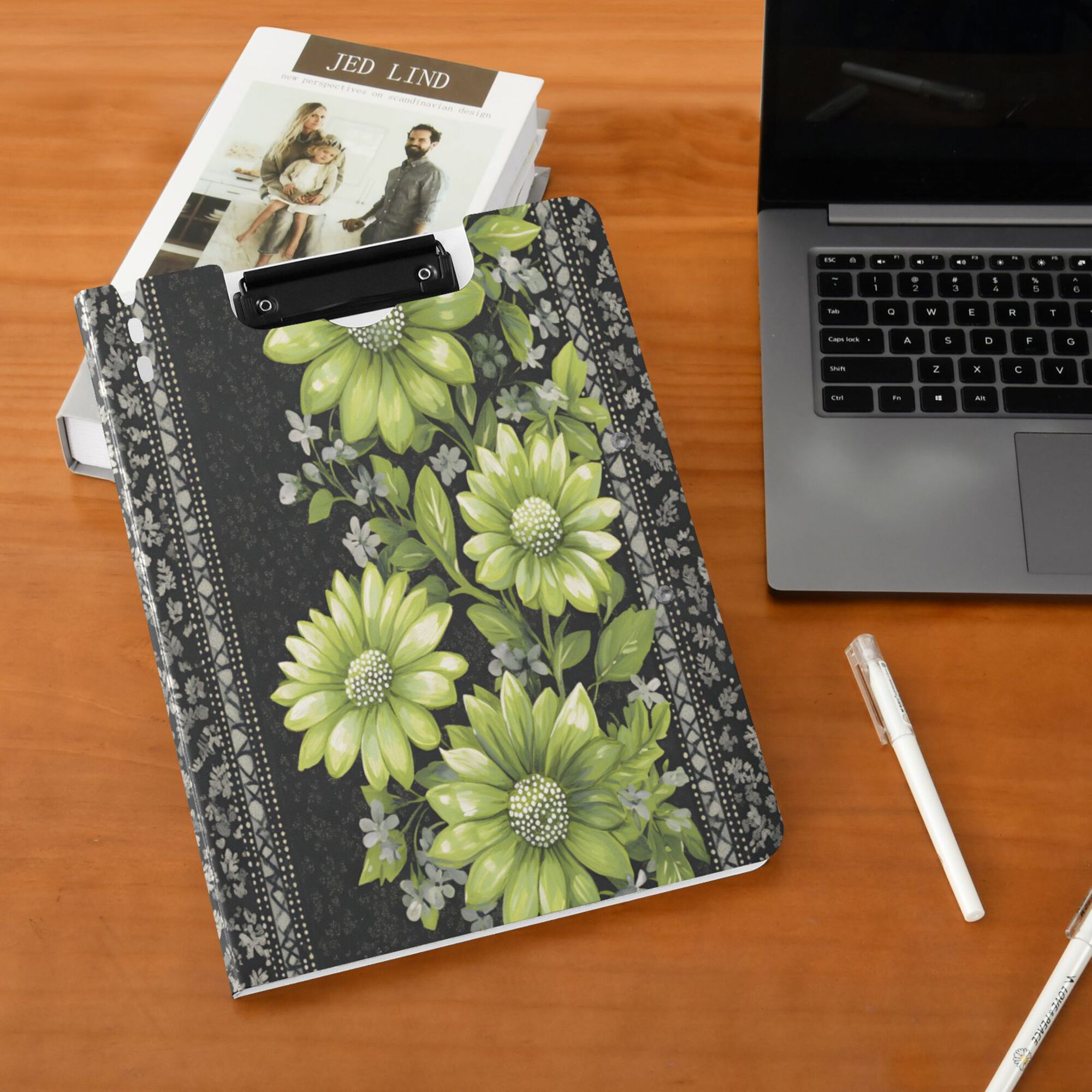 FORMRS A4 Clipboard Folder with Pen Holder Horizontal Foldable School Office Binder, Green Flowers