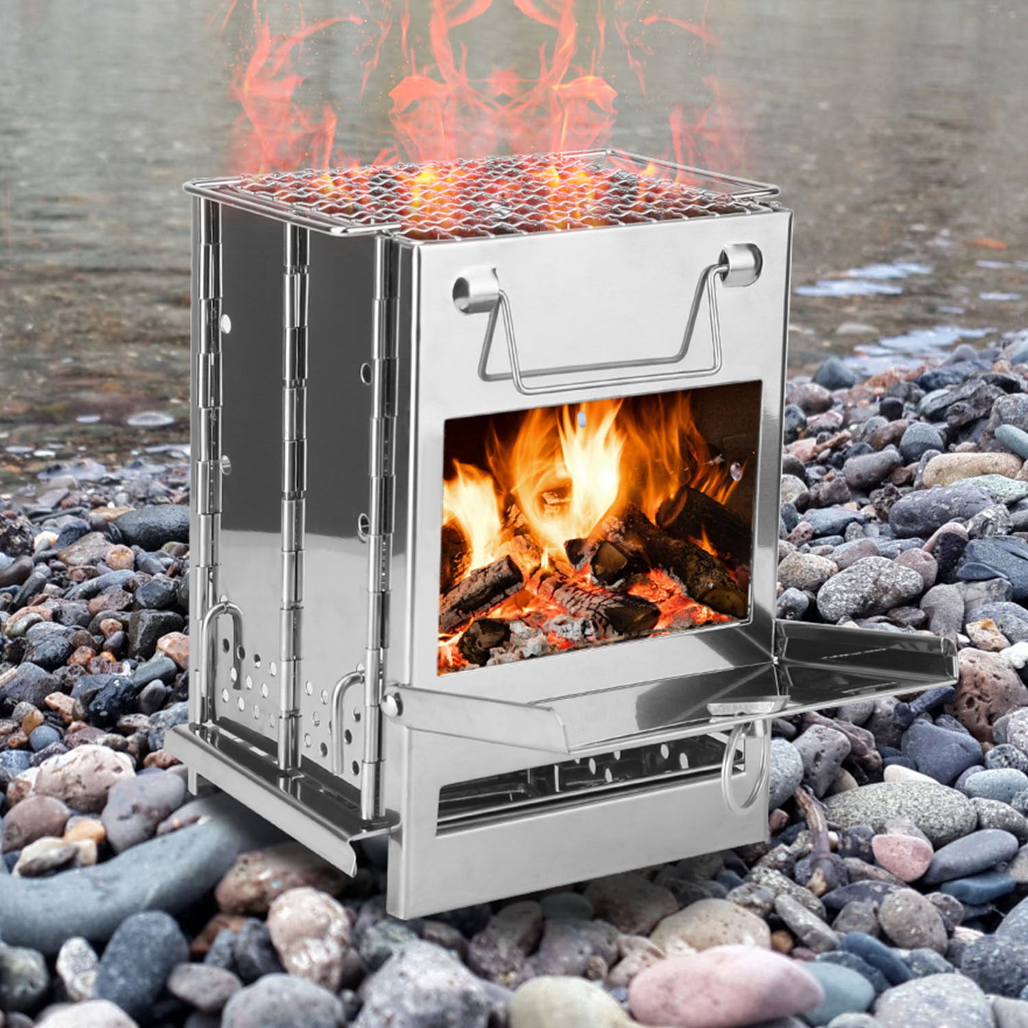 Moclever Folding Camping Stove, 6x6x8in Outdoor Charcoal Stove with Handle, Silver