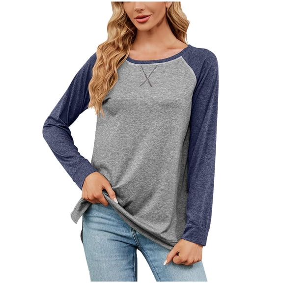IROINNID Womens Long Sleeve Round-Neck Shirts Oversized Pullover Contrast Color Stretchy Loose Blouse,Gray