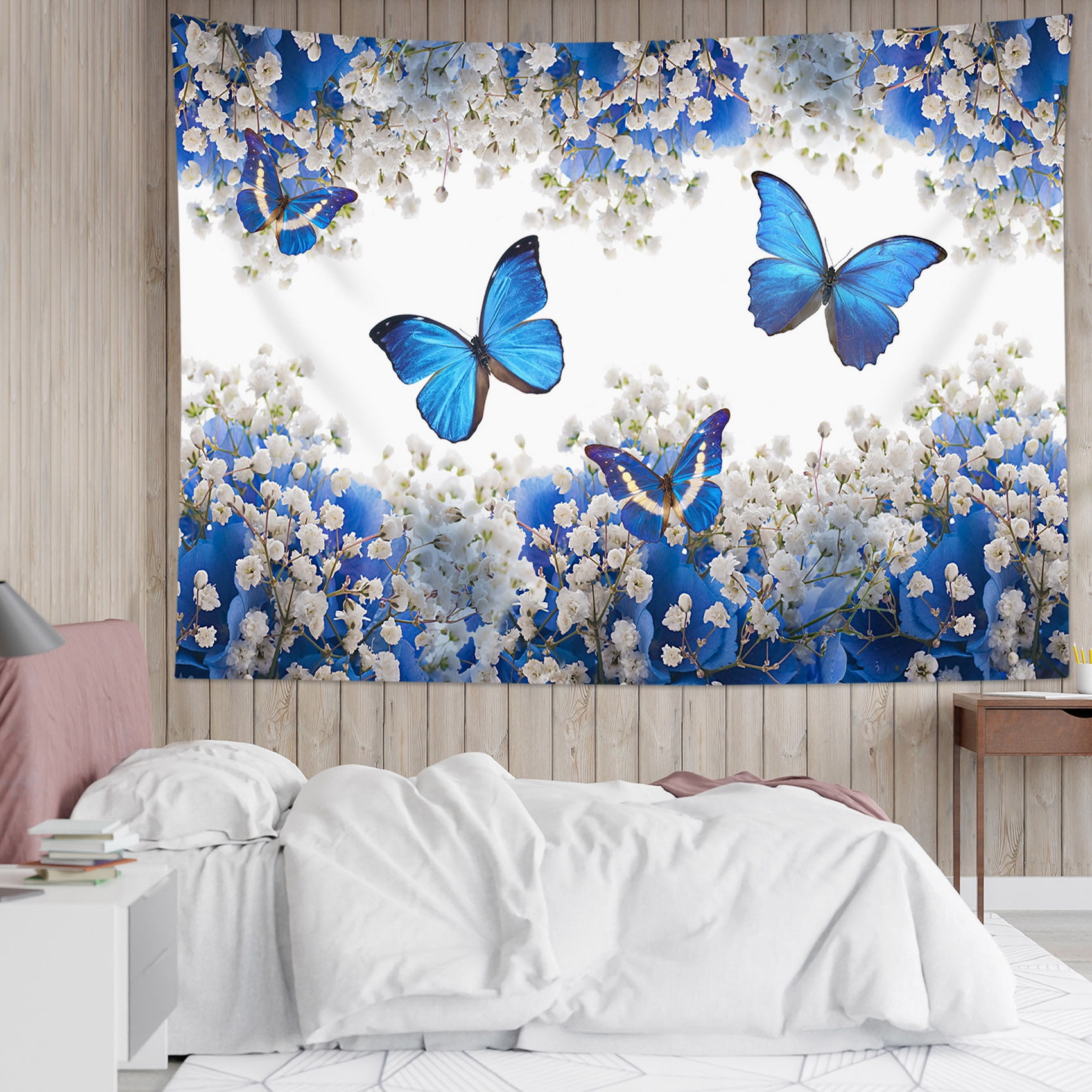 HVEST Floral Butterfly Tapestry White and Blue Flower Spring Country