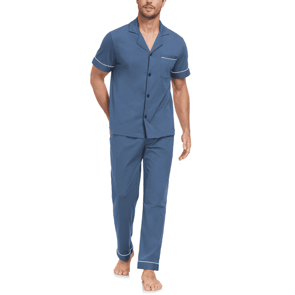 EA'S SECRET Mens 100% Cotton Pajamas Set Short Sleeve Long Pants Pjs Set Button Down Sleepwear with Pockets(Blue,XL)