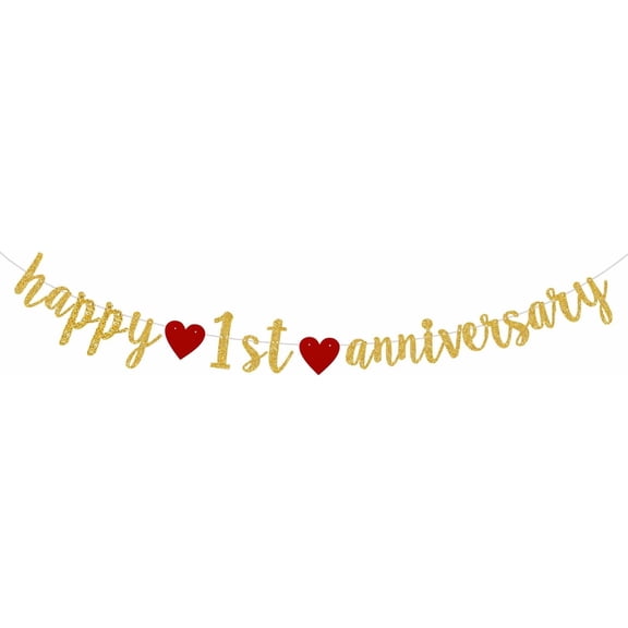 Happy 1st Anniversary Party Banner - Gold Glitter 1 Year Garland, Wedding Banner Decorations