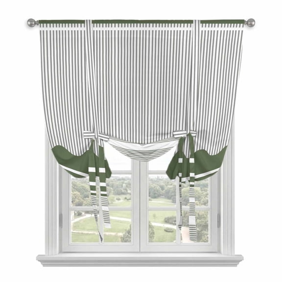 Dark Green Striped Balloon Curtains for Living Room/French Door, Abstract Modern Geometric Stripes Tie Up Curtains 63 Inch Length Energy Saving Kitchen Curtains Shades for Windows 42"x63"