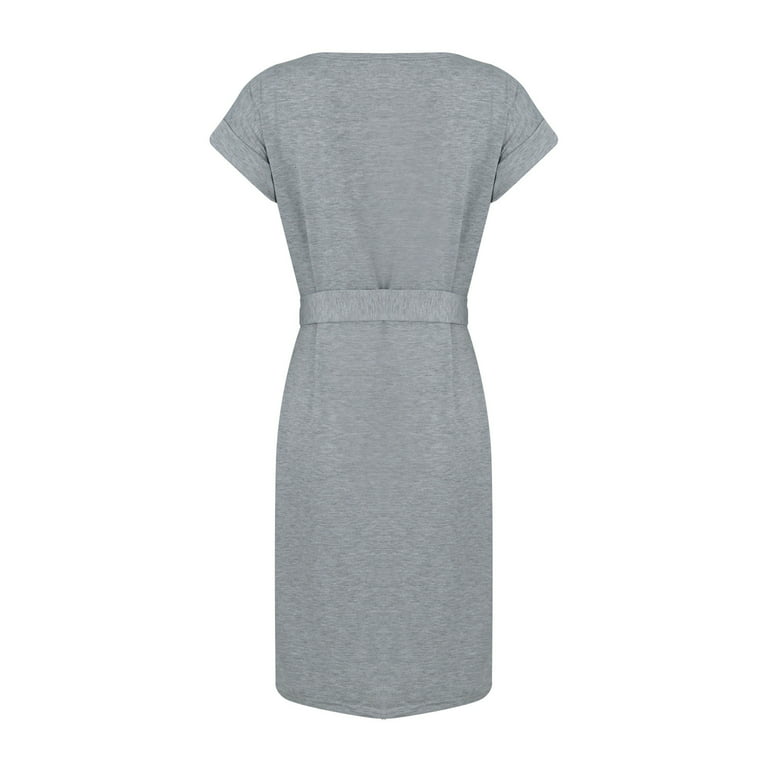 BEEYASO Clearance Summer Dresses for Women Short Sleeve Solid Casual Knee  Length Sheath Boat Neck Dress Gray m 
