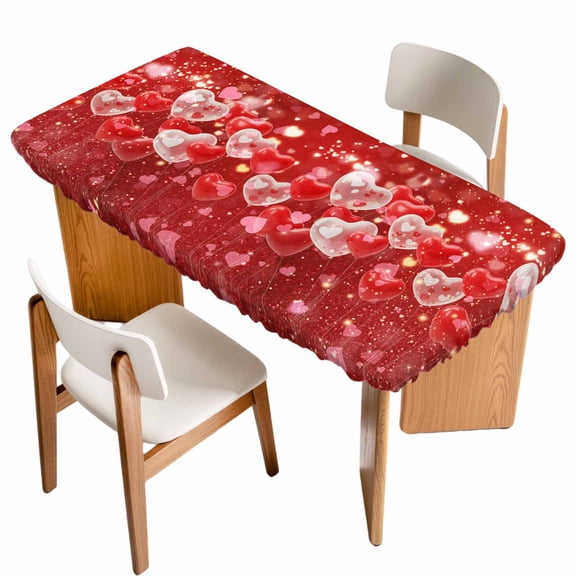 Valentine's Day Table Cloths for 6 Foot Rectangle Tables, Red Love Heart Balloons Fantasy Watercolor Patio Waterproof Elastic Fitted Tablecloths, Washable Rectangular Table Cover for Camping