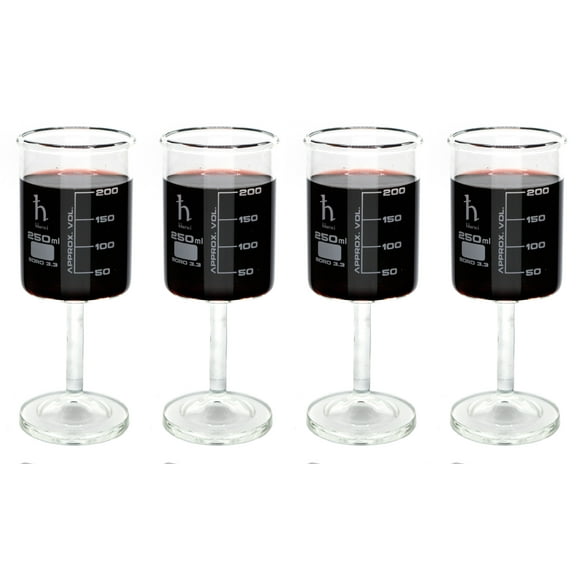 Handmade Beaker Wine Glass, Made of Lab Grade Borosilicate 3.3 Glass - 250mL Capacity, Dishwasher Safe - Pack of 4