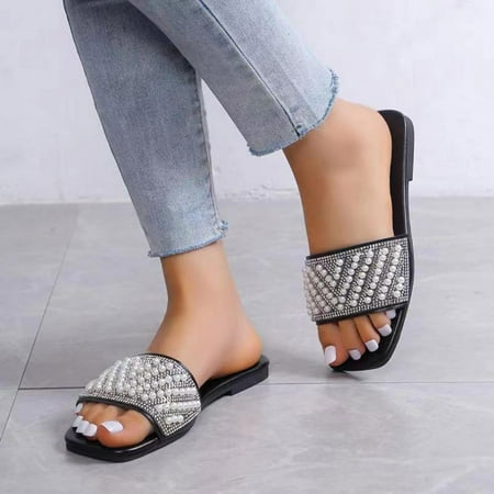 

Summer Slippers For Women Beach Accesseories Flip Flops For Women Fashion Spring Summer Women Slippers Flat Bottom Lightweight Pearl Sequins Solid Open Toe Comfortable Beach Style Swimming Pool Access