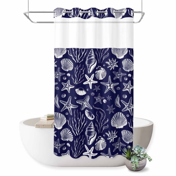 No Hook Shower Curtain, Navy Blue Coastal Shower Curtains for Bathroom with See Through Top Window, Summer Beach Ocean Coral Shell Starfish Waterproof & Washable Bath Curtain Stand Up Stall 36"x72"