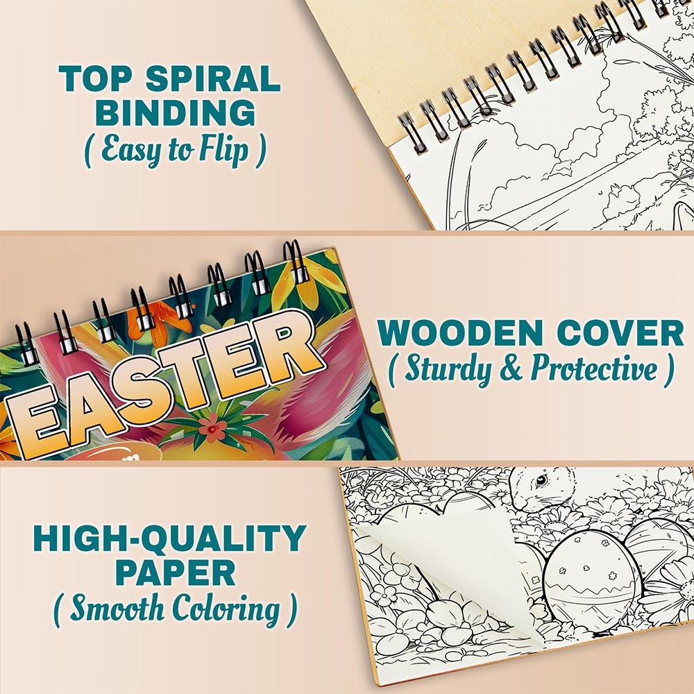 Easter Celebrations Coloring Book Spiral Bound For Adults, A5 Wooden Cover, 30 Festive Coloring Pages of Joyful Easter Scenes for Stress Relief and Relaxation