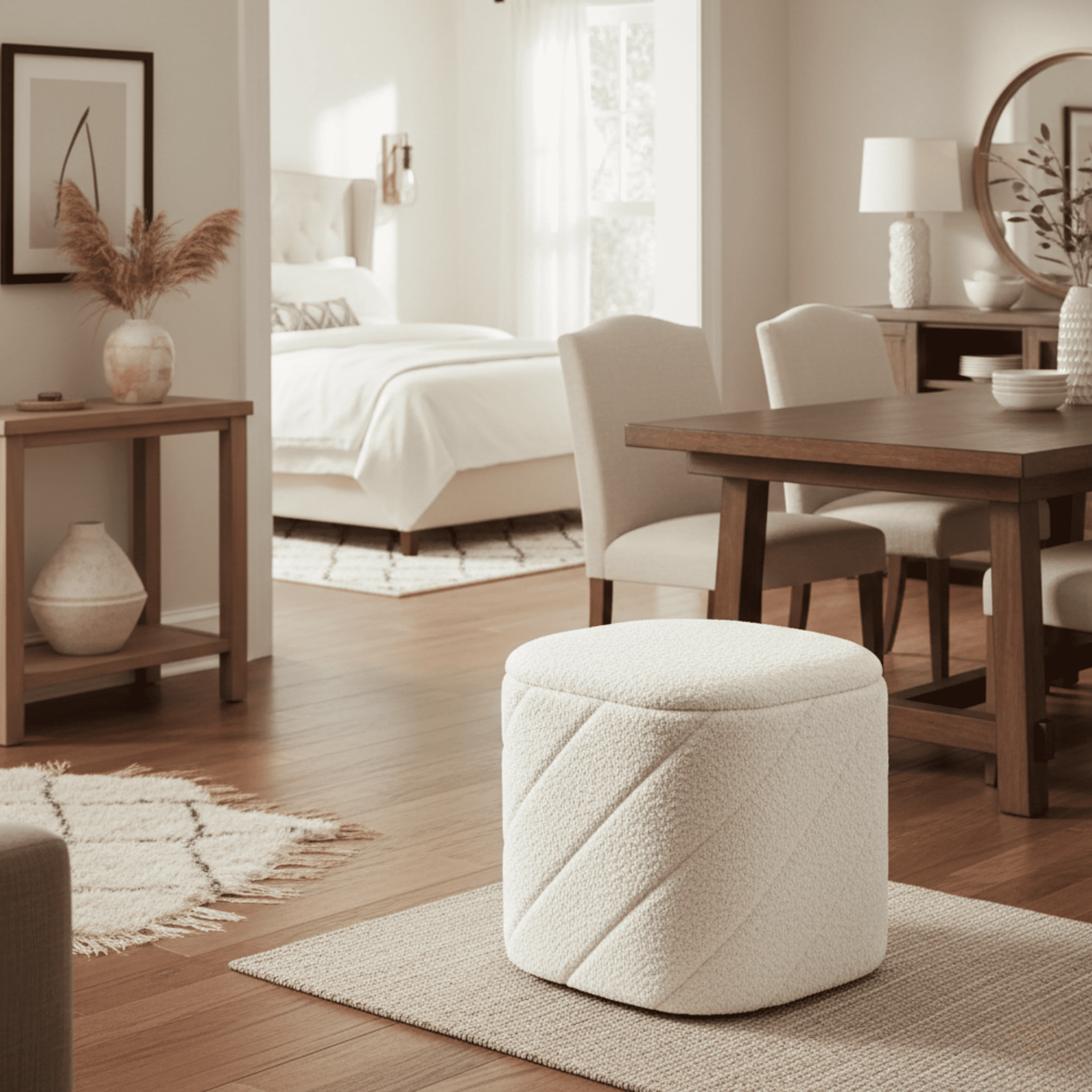 Aria Home Diagonal Tufted Cube Ottoman with Storage, Upholstered Footrest 15" Stool, Ivory