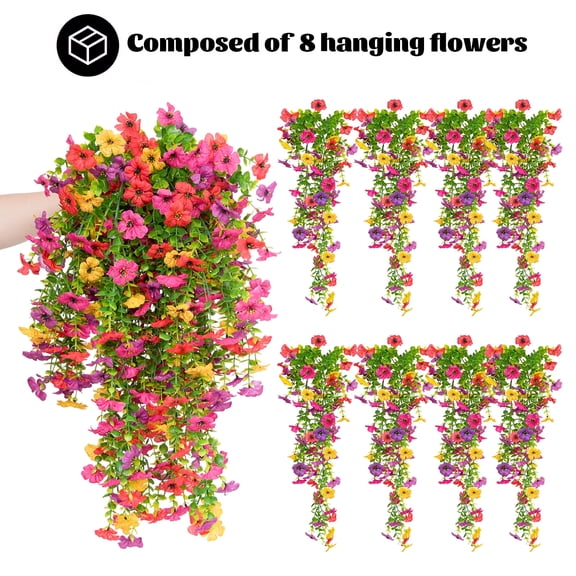 Artificial Hanging Flowers, 8Pcs Uv Resistant Outdoor Artificial Flowers, Outdoor Courtyard Porch Front Yard Windows Garden Interior Decoration Silk Flowers