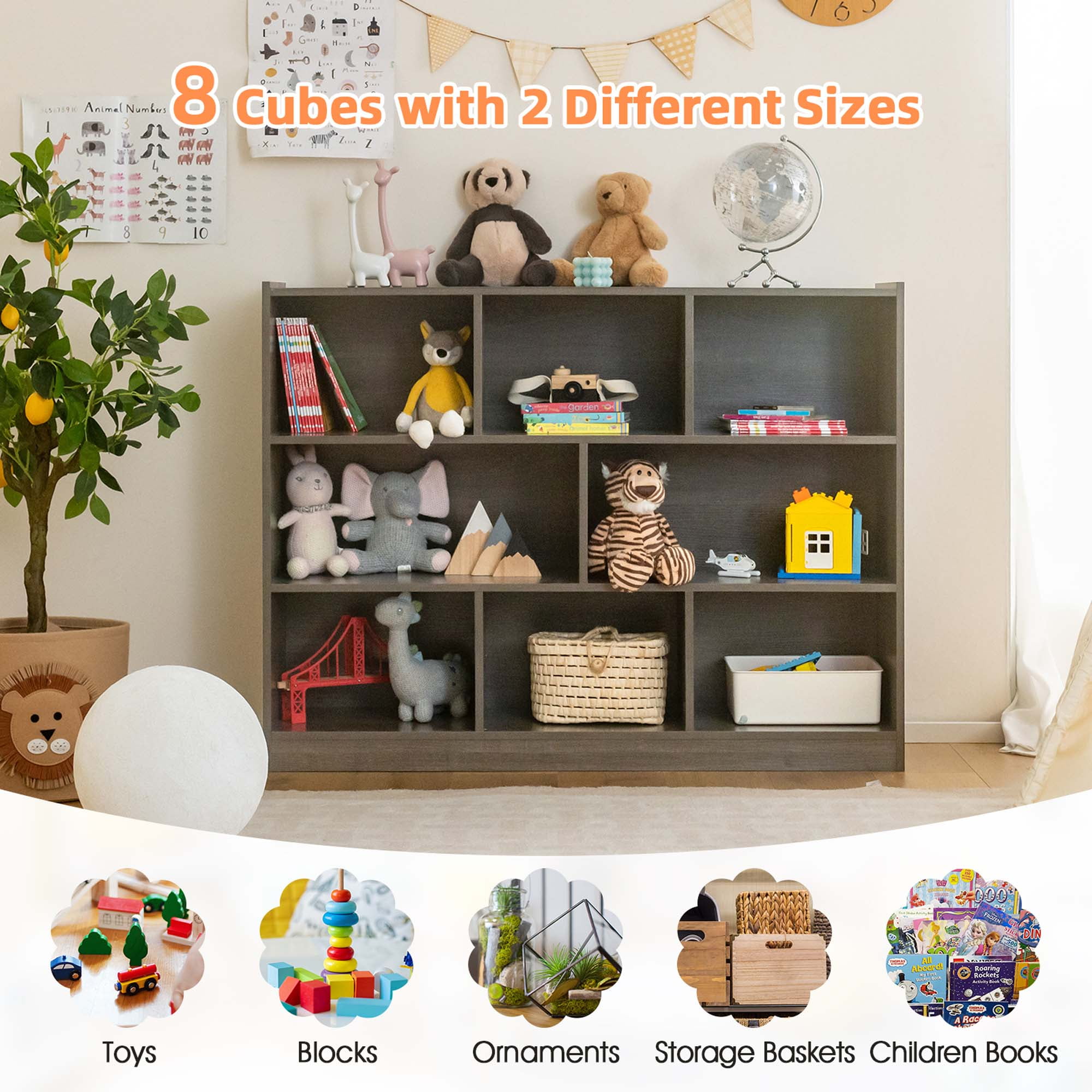 Costway 3-tier Open Bookcase 8-Cube Bookshelf Storage Display Cabinet French Oak Gray