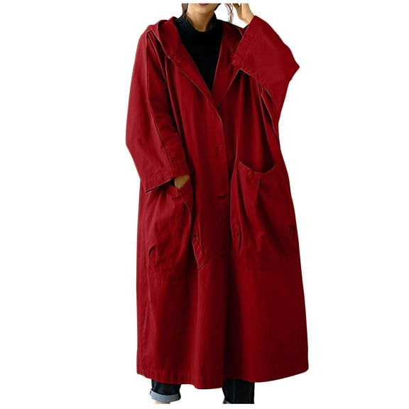 ShomPort Womens Trench Coat Long Sleeve Open Front Windproof Oversized Lapel Hooded Outerwear (Wine)
