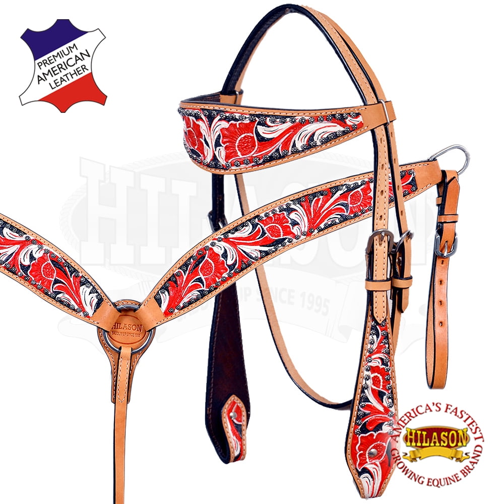 Western Horse Headstall Breast Collar Set Tack American Leather Red