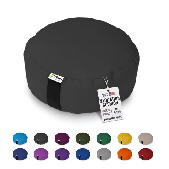 Organic Buckwheat Hulls 14" Round Zafu Meditation Cushion - Tibetan Style Cotton Zen Yoga Pillow for Floor - Made in USA, Black