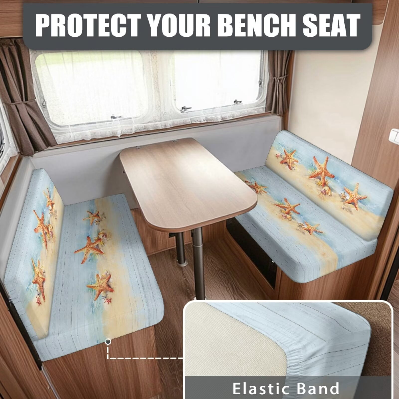 Uorisanigo 2 Pcs RV Dinette Cushion Covers Washable Beach Starfish RV Dinette Seat Covers Stretch Sofa Seat Slipcovers Easy to Install Machine Washable(1 Bench & 1 Backrest Cover)