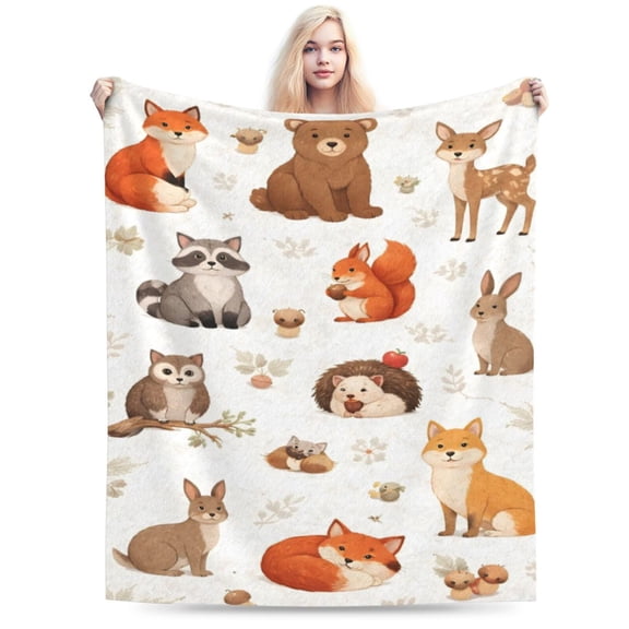 Woodland Forest Animals Blanket, Rustic Cottagecore Cabin Throw, Autumn Wildlife Fleece Blanket for Thanksgiving Fall Home Decor 50x40