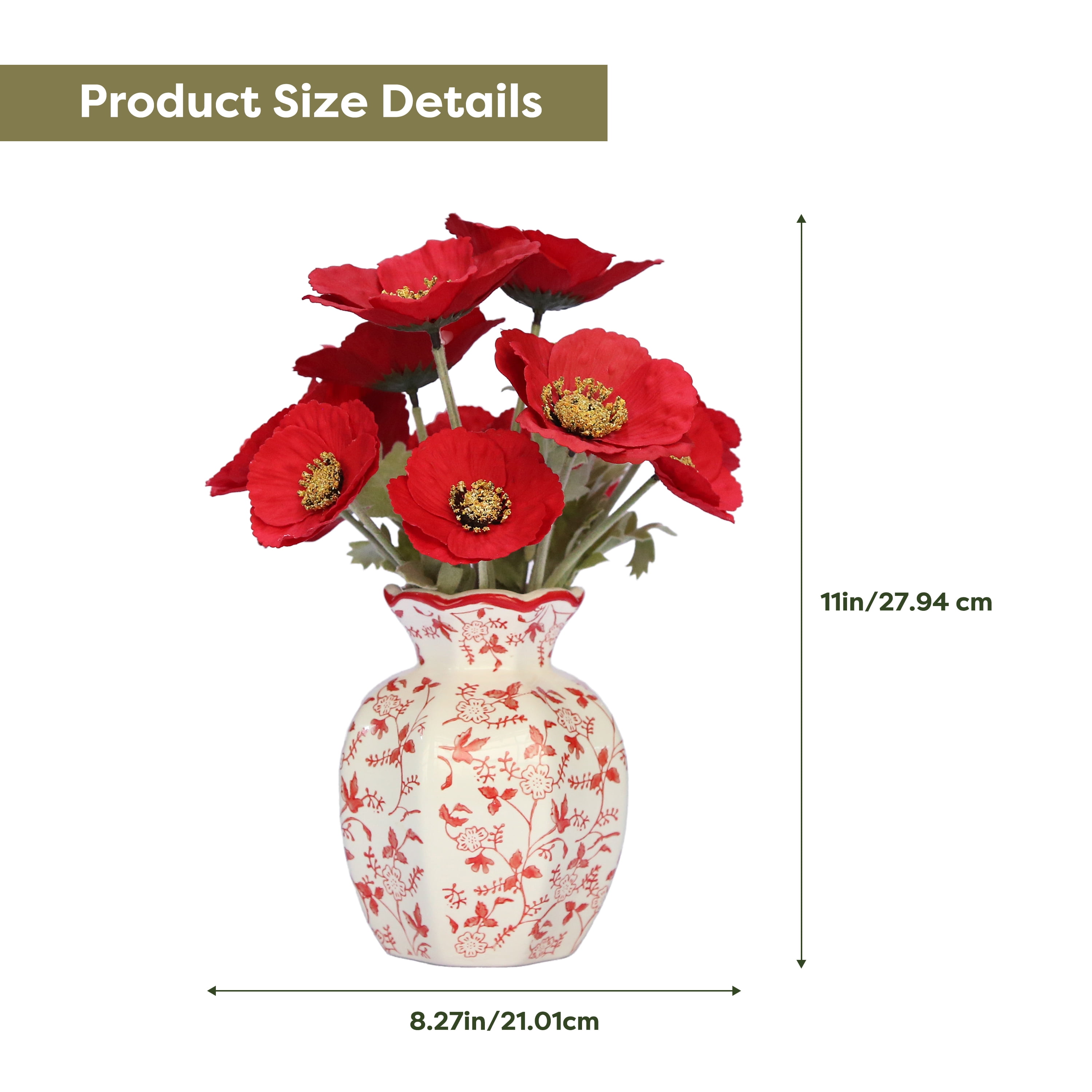 My Texas House Faux Poppies in Red and White Floral Vase, 11.5