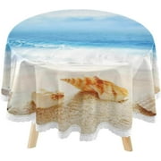 SKYSONIC Summer Beach Conch Round Tablecloth 60inch Indoor Wrinkle Free, Tropical Vacation Circular Lace Table Cover Washable for Kitchen Party BBQ Dining Decor