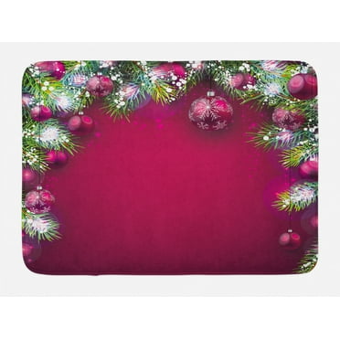 Christmas Bath Mat, Festive Traditional Composition with Fir Branches Vivid Balls Snowflakes, Non-Slip Plush Mat Bathroom Kitchen Laundry Room Decor, 29.5 X 17.5 Inches, Magenta Green White, Ambesonne