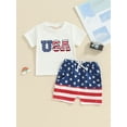 thumbnail image 2 of Toddler Baby Boys Outfits for 4th of July 6 12 18 24 Months 2T 3T 4T Fuzzy Letter Embroidery Short Sleeve T-Shirts Tops Stripe Stars Print Shorts 2Pcs Clothes Set, 2 of 9