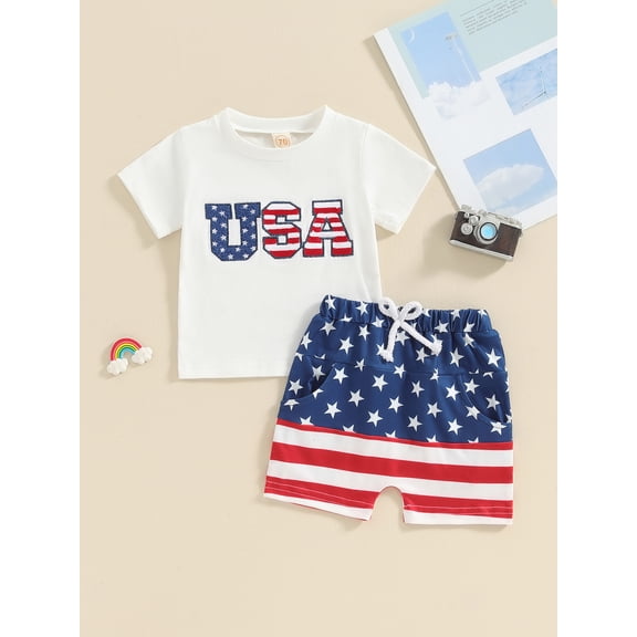 Loicainy Toddler Baby Boy 4th of July Summer Clothes Set 6 12 18 24 Months 2T 3T 4T Fuzzy Letter Embroidery Short Sleeve T-Shirts Tops Stripe Stars Print Shorts 2Pcs Outfits