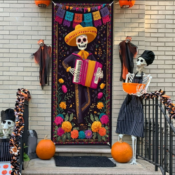 Cubierta de puerta de Halloween y Día de Muertos de 35 x 71 pulgadas | Decoración de puerta de poliéster | Marco festivo duradero para puertas de entrada, paredes y mesas | Decoración de fiesta de