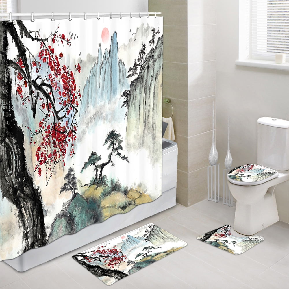 Japanese Shower Curtain Set with Hooks, Asian Anime Japanese Cherry ...